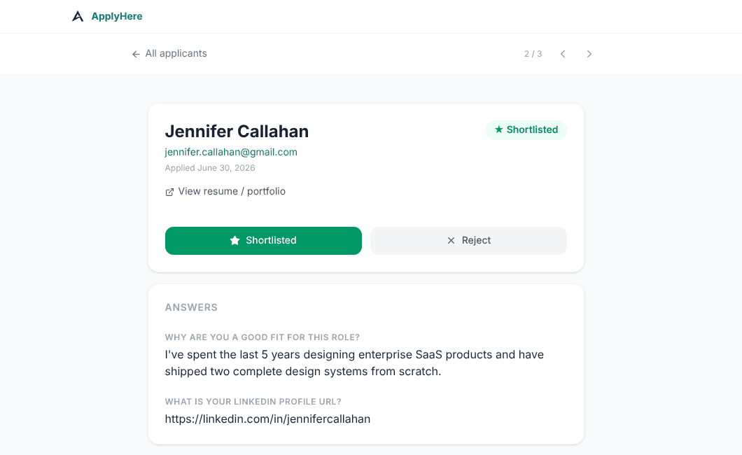An individual applicant record in ApplyHere showing their resume, answers, and contact details