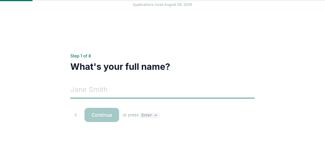 The ApplyHere application flow showing one question per screen with a visible step count