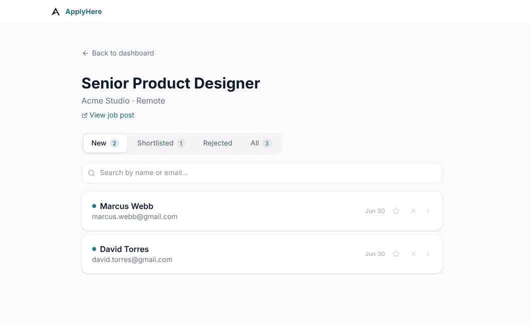 The ApplyHere dashboard showing applicants from multiple sources in one list